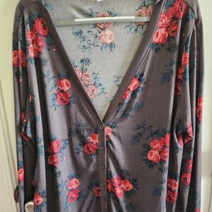 LuLaRoe Gray and Red Floral Cardigan Sweater